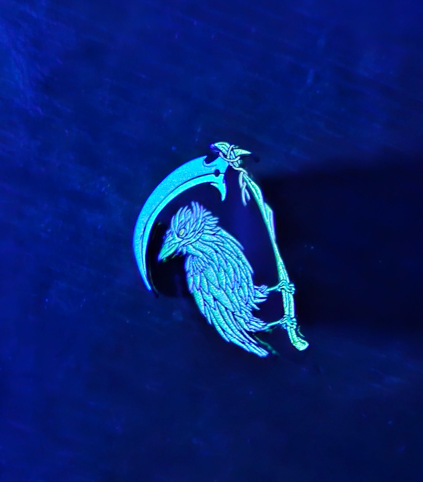 Crow Scythe 1.5 Inch Glow In The Dark Pin