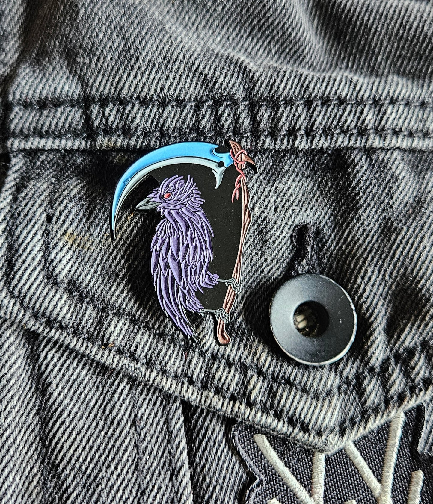 Crow Scythe 1.5 Inch Glow In The Dark Pin
