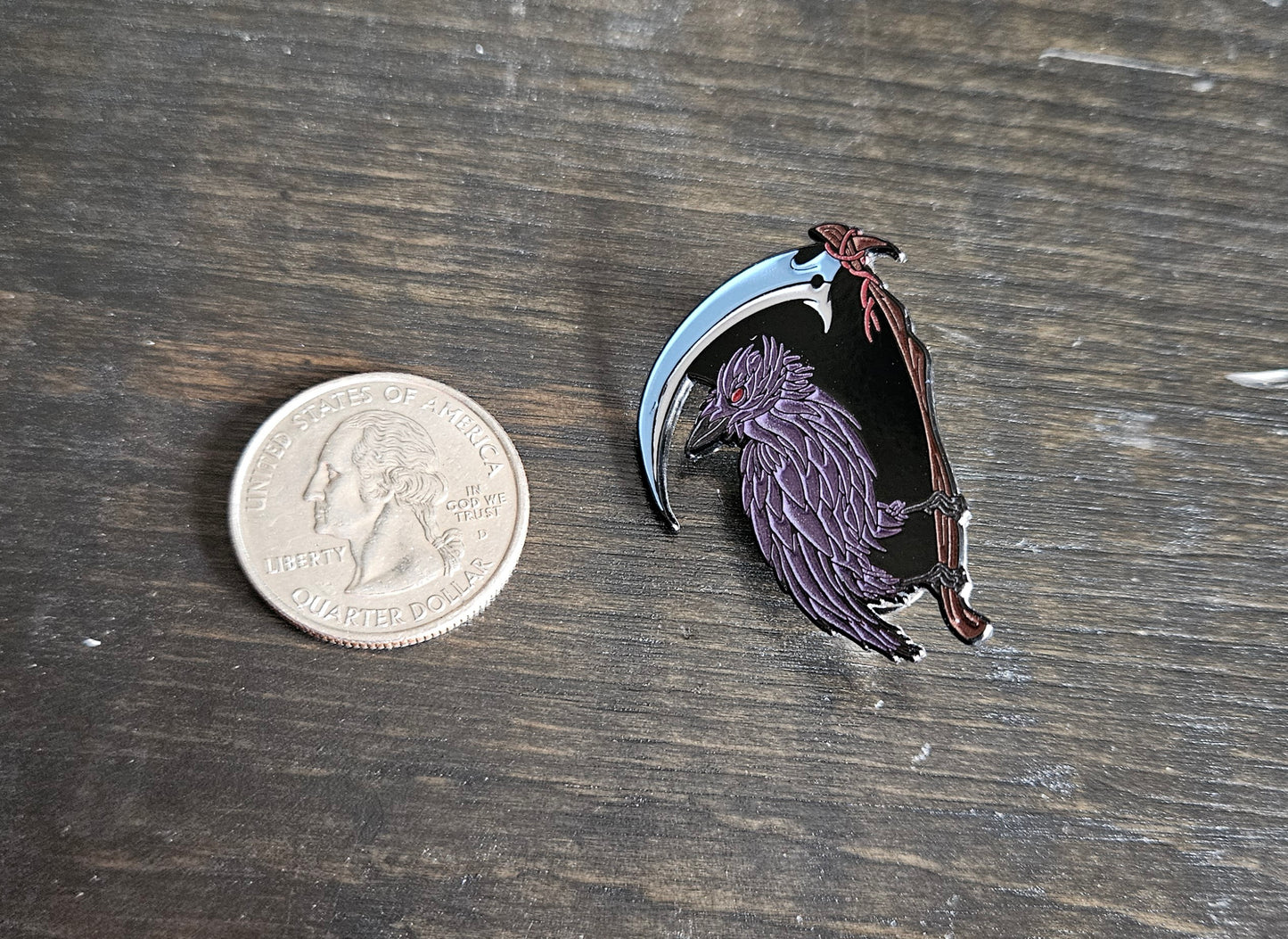 Crow Scythe 1.5 Inch Glow In The Dark Pin